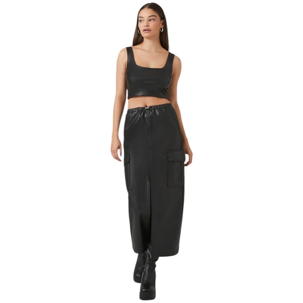 Forever 21 Black Faux Leather Maxi Slit Skirt Edgy‎ Grunge Women's Size L NWT